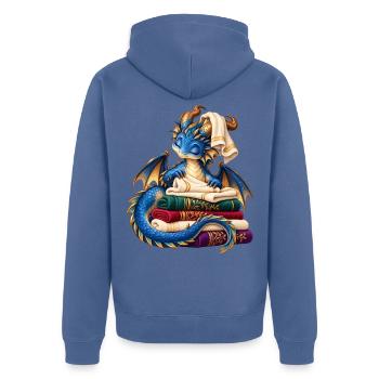 Blauer Drache auf einem Stapel Handtücher - Unisex Premium Bio Zip Hoodie - Taubenblau - Hinten - Nico (187cm)