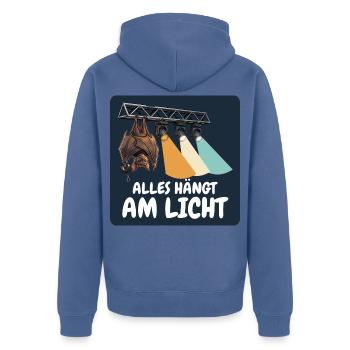 Alles hängt am Licht – Lichttechniker - Unisex Premium Bio Zip Hoodie - Taubenblau - Hinten - Nico (187cm)