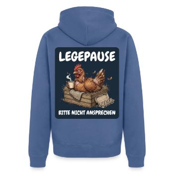 Legepause – Bitte nicht ansprechen Huhn - Unisex Premium Bio Zip Hoodie - Taubenblau - Hinten - Nico (187cm)