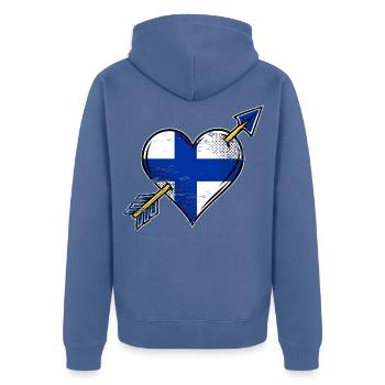 Finnische Herzflagge mit Pfeilen used look - Unisex Premium Bio Zip Hoodie - Taubenblau - Hinten - Nico (187cm)