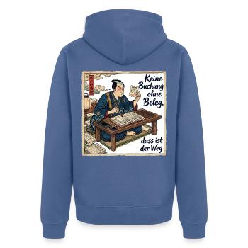 Keine_Buchung_ohne_Beleg_-_Ukiyo-e - Unisex Premium Bio Zip Hoodie - Taubenblau - Hinten - Nico (187cm)