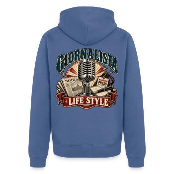 Vintage-Journalistenmikrofon und Stil - Unisex Premium Bio Zip Hoodie - Taubenblau - Hinten - Nico (187cm)