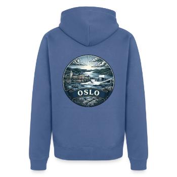 Oslo Norwegen Reiseabzeichen Akershus Fjord Souvenir - Unisex Premium Bio Zip Hoodie - Taubenblau - Hinten - Nico (187cm)