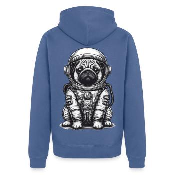 Mops im Raumanzug – Schwarz-Weiß - Unisex Premium Bio Zip Hoodie - Taubenblau - Hinten - Nico (187cm)