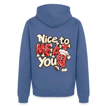 Nice to Meat You – Lustiges Steak mit Kochmütze - Unisex Premium Bio Zip Hoodie - Taubenblau - Hinten - Nico (187cm)