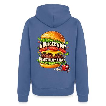A Burger a Day Keeps the Apple Away – Burgerhumor - Unisex Premium Bio Zip Hoodie - Taubenblau - Hinten - Nico (187cm)