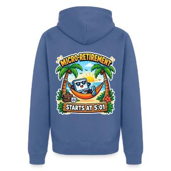 Mikro Ruhestand Start 5:01 - Unisex Premium Bio Zip Hoodie - Taubenblau - Hinten - Nico (187cm)