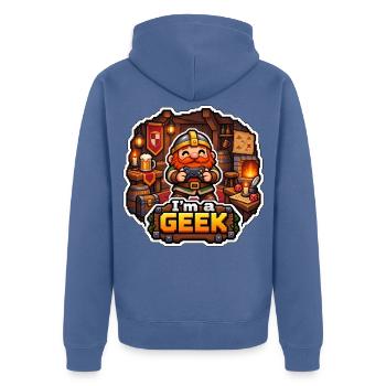 ICH BIN EIN NERD – Tavernenzwerg - Unisex Premium Bio Zip Hoodie - Taubenblau - Hinten - Nico (187cm)