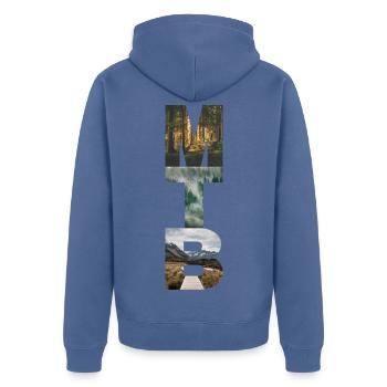 MTB- und Naturthema - Unisex Premium Bio Zip Hoodie - Taubenblau - Hinten - Nico (187cm)