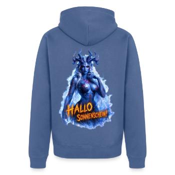 Hallo Sonnenschein! – Dämonin Design - Unisex Premium Bio Zip Hoodie - Taubenblau - Hinten - Nico (187cm)