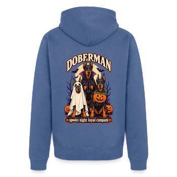 Spooky Night Loyal Company – Dobermann Halloween - Unisex Premium Bio Zip Hoodie - Taubenblau - Hinten - Nico (187cm)