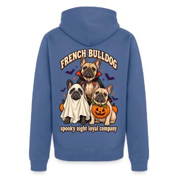 Spooky Night Loyal Company – Französischer Bulldoggenhund - Unisex Premium Bio Zip Hoodie - Taubenblau - Hinten - Nico (187cm)