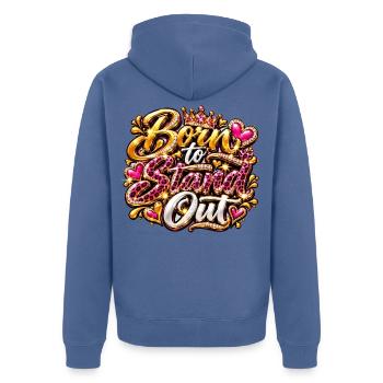Born to Stand Out Glitzer-Statement - Unisex Premium Bio Zip Hoodie - Taubenblau - Hinten - Nico (187cm)