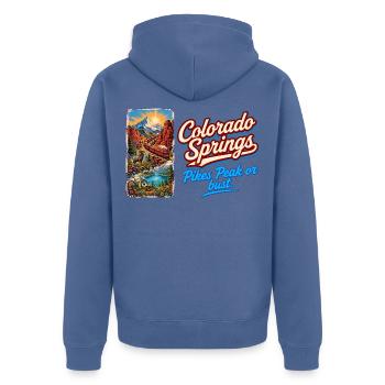 Colorado Springs Retro Vintage Pikes Peak Design - Unisex Premium Bio Zip Hoodie - Taubenblau - Hinten - Nico (187cm)