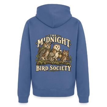 Mitternachts Eulen Gesellschaft - Unisex Premium Bio Zip Hoodie - Taubenblau - Hinten - Nico (187cm)