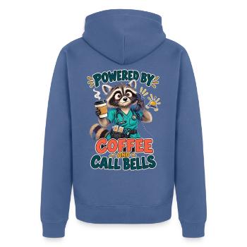  Powered by Coffee and Call Bells Waschbär - Unisex Premium Bio Zip Hoodie - Taubenblau - Hinten - Nico (187cm)