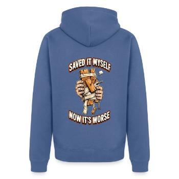 Ich habe es selbst gerettet, jetzt ist es schlimmer - Unisex Premium Bio Zip Hoodie - Taubenblau - Hinten - Nico (187cm)