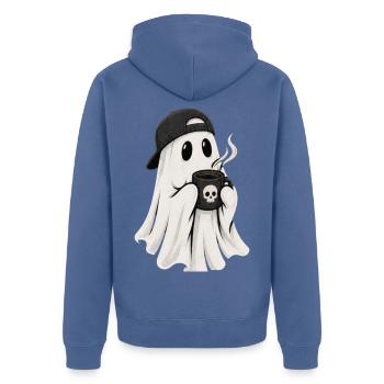 Geisterkaffee Ghost mit Cap - Unisex Premium Bio Zip Hoodie - Taubenblau - Hinten - Nico (187cm)
