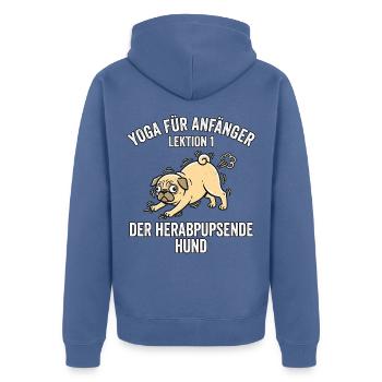 Lustiger Yoga Hund - Unisex Premium Bio Zip Hoodie - Taubenblau - Hinten - Nico (187cm)