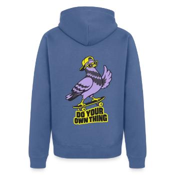Lila Vogel Skateboard Statement - Unisex Premium Bio Zip Hoodie - Taubenblau - Hinten - Nico (187cm)