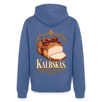 Kalbskas Leberkas im Sonntagsgwand - Unisex Premium Bio Zip Hoodie - Taubenblau - Hinten - Nico (187cm)