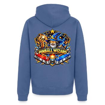 Pinball Meisterzauber - Unisex Premium Bio Zip Hoodie - Taubenblau - Hinten - Nico (187cm)