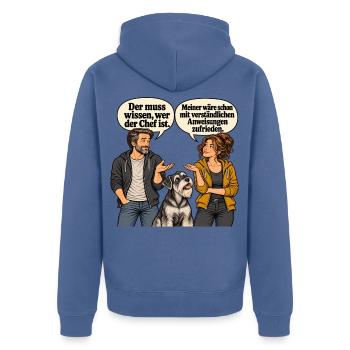 Der muss wissen wer der Chef ist - Unisex Premium Bio Zip Hoodie - Taubenblau - Hinten - Nico (187cm)