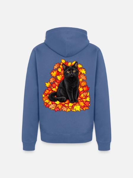 Schwarze Katze im Herbstlaub - Unisex Premium Bio Zip Hoodie - Taubenblau