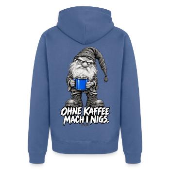 Grummelgnom mit blauer Kaffeetasse Weihnachtswicht - Unisex Premium Bio Zip Hoodie - Taubenblau - Hinten - Nico (187cm)