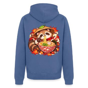 Tanuki mit Ramen und Strohhut | Noventra - Unisex Premium Bio Zip Hoodie - Taubenblau - Hinten - Nico (187cm)
