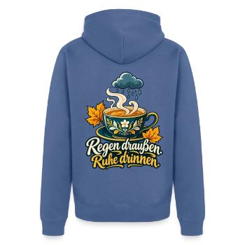 Tee Shirt für Regentage mit Spruch Regen draußen  - Unisex Premium Bio Zip Hoodie - Taubenblau - Hinten - Nico (187cm)