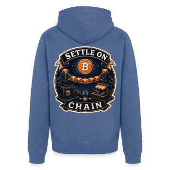 SETTLE ON CHAIN - Unisex Premium Bio Zip Hoodie - Taubenblau - Hinten - Nico (187cm)
