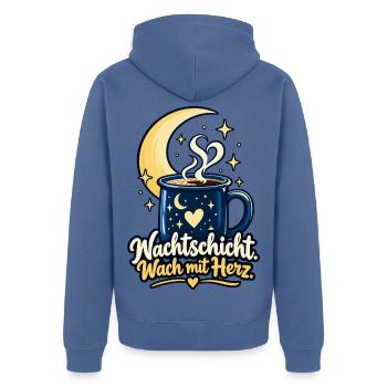 Nachtschicht Shirt mit Mond - Spruch Nachtschicht - Unisex Premium Bio Zip Hoodie - Taubenblau - Hinten - Nico (187cm)
