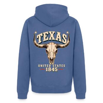 Texas Longhorn Vintage Pride 1845 - Unisex Premium Bio Zip Hoodie - Taubenblau - Hinten - Nico (187cm)