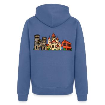 Trier Skyline im bunten Wachsmalstil - Unisex Premium Bio Zip Hoodie - Taubenblau - Hinten - Nico (187cm)