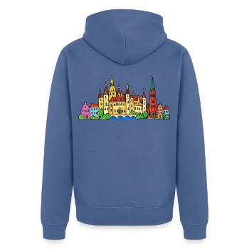 Schwerin Skyline im bunten Wachsmalstil - Unisex Premium Bio Zip Hoodie - Taubenblau - Hinten - Nico (187cm)