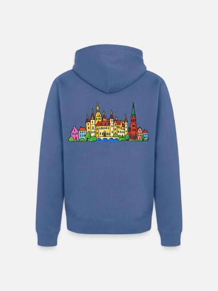 Schwerin Skyline im bunten Wachsmalstil - Unisex Premium Bio Zip Hoodie - Taubenblau