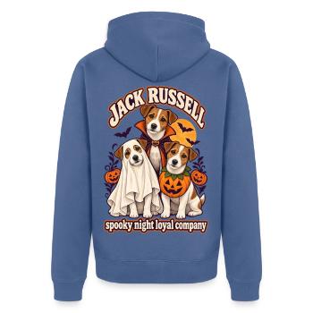 Spooky Night Loyal Company – Jack Russell Hundemama - Unisex Premium Bio Zip Hoodie - Taubenblau - Hinten - Nico (187cm)