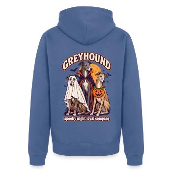Spooky Night Loyal Company – Windhund Halloween - Unisex Premium Bio Zip Hoodie - Taubenblau - Hinten - Nico (187cm)