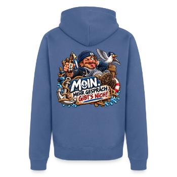 MOIN Piratenwitz: Mehr Gerede Gibt's Nicht - Unisex Premium Bio Zip Hoodie - Taubenblau - Hinten - Nico (187cm)