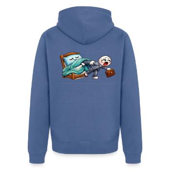 Mein Bett lässt mich nicht zur Arbeit! - Unisex Premium Bio Zip Hoodie - Taubenblau - Hinten - Nico (187cm)