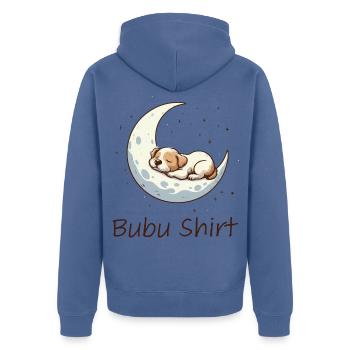 Bubu Shirt – Schlafendes Baby auf Mond, Pastell - Unisex Premium Bio Zip Hoodie - Taubenblau - Hinten - Nico (187cm)