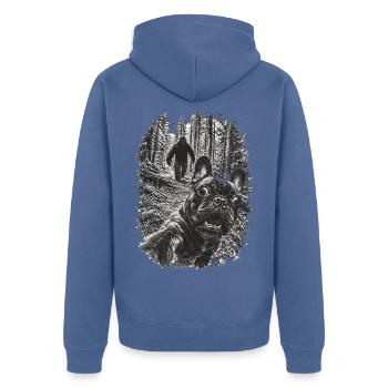 Französische Bulldogge Und Bigfoot Im Wald - Unisex Premium Bio Zip Hoodie - Taubenblau - Hinten - Nico (187cm)