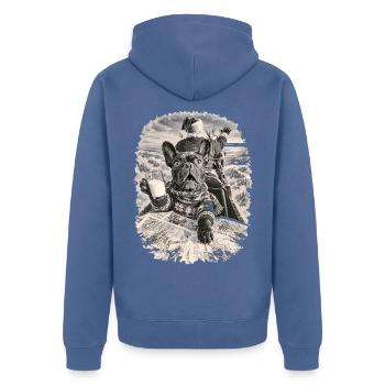  Französische Bulldogge Im Winterlichen - Unisex Premium Bio Zip Hoodie - Taubenblau - Hinten - Nico (187cm)