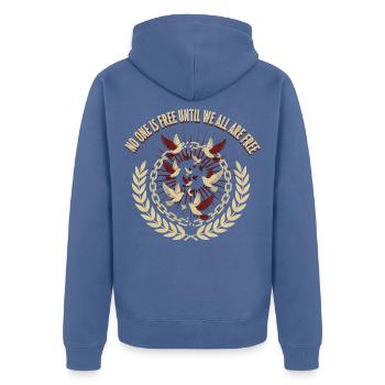 Gemeinsam Frei Taubenkreis - Unisex Premium Bio Zip Hoodie - Taubenblau - Hinten - Nico (187cm)