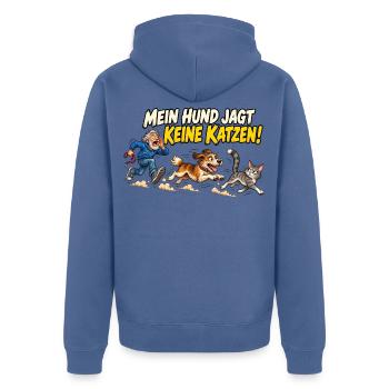 Mein Hund jagt keine Katzen - Unisex Premium Bio Zip Hoodie - Taubenblau - Hinten - Nico (187cm)