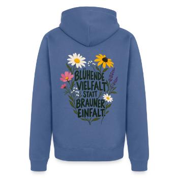 Blühende Vielfalt statt brauner Einfalt Antifa  - Unisex Premium Bio Zip Hoodie - Taubenblau - Hinten - Nico (187cm)