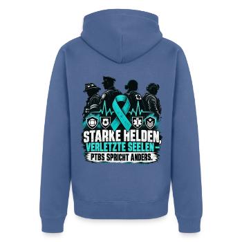 STARKE HELDEN VERLETZTE SEELEN PTBS - Unisex Premium Bio Zip Hoodie - Taubenblau - Hinten - Nico (187cm)