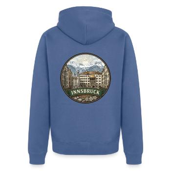 Innsbruck Austria Reiseabzeichen Golddachgeschenk - Unisex Premium Bio Zip Hoodie - Taubenblau - Hinten - Nico (187cm)