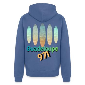 Guadeloupe 971 Strand- und Urlaubsfarben - Unisex Premium Bio Zip Hoodie - Taubenblau - Hinten - Nico (187cm)